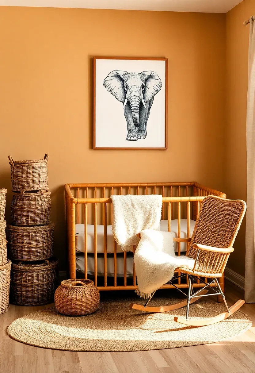 safari themed boy nursery with animal prints wicker baskets and warm tan walls