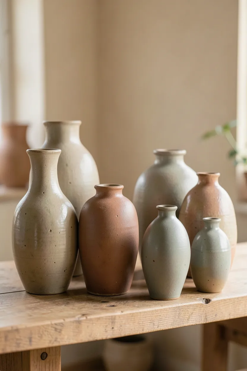Asymmetric grouping of handmade ceramic vases in earthy beige and gray tones on a wooden shelf in a wabi sabi living room