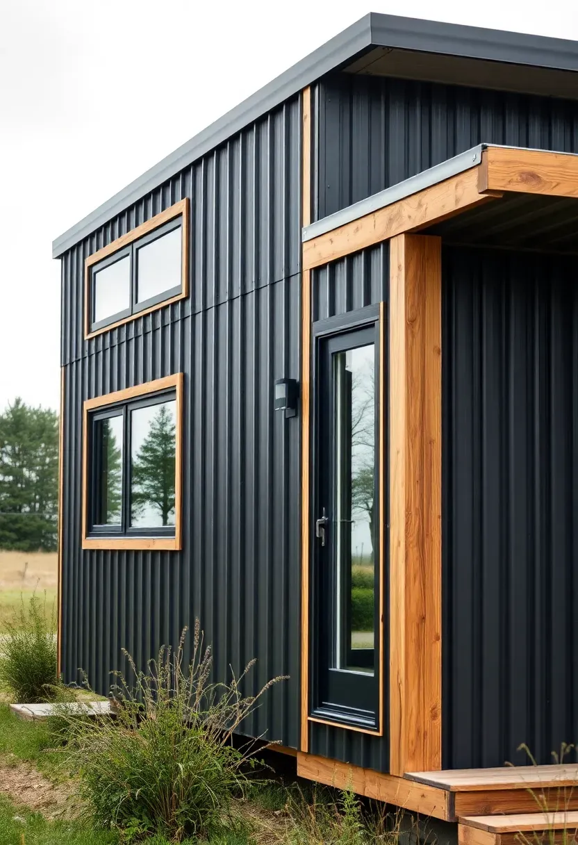 Hyper-realistic exterior view of modern tiny house with minimalist corrugated metal cladding and wood accents. Materials: charcoal corrugated metal, cedar trim, black window frames, metal roof. Natural overcast daylight for even lighting across surfaces. Clean architectural composition showing material transitions and details. Minimal landscaping to focus on house form. No text, no logos, architectural photography style.</p>