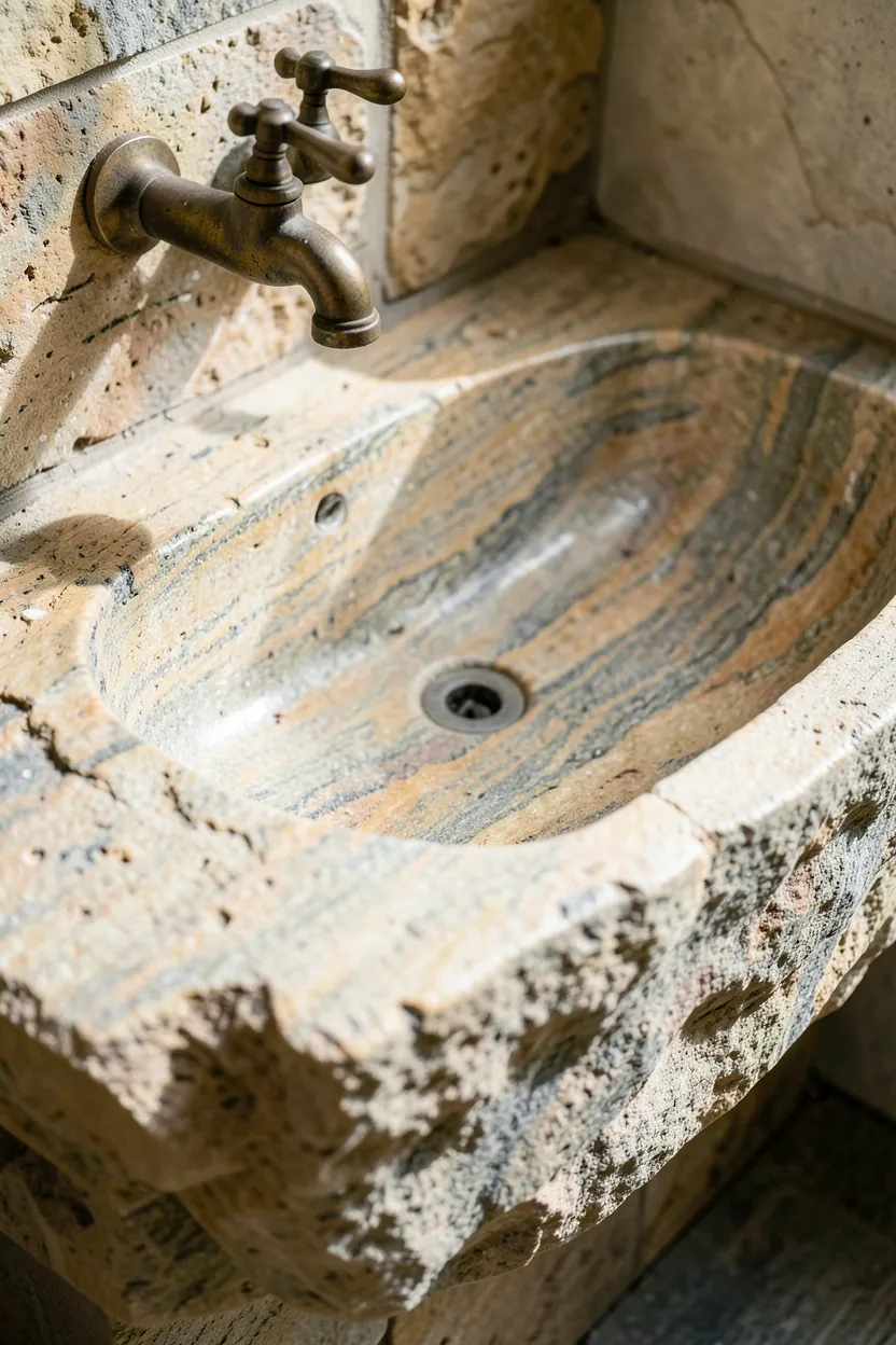 Travertine stone vessel sink with rough natural edges and warm beige tones on a wood bathroom vanity