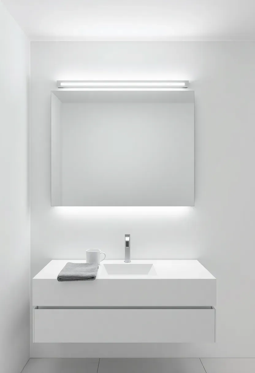 Ultra-thin horizontal LED bar in matte white mounted directly above a frameless mirror in a sleek modern bathroom