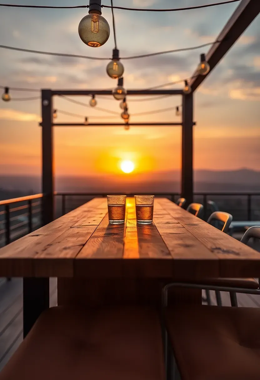 Sunset terrace bar counter with four metal stools facing a panoramic view, cocktail glasses catching golden light, string lights overhead