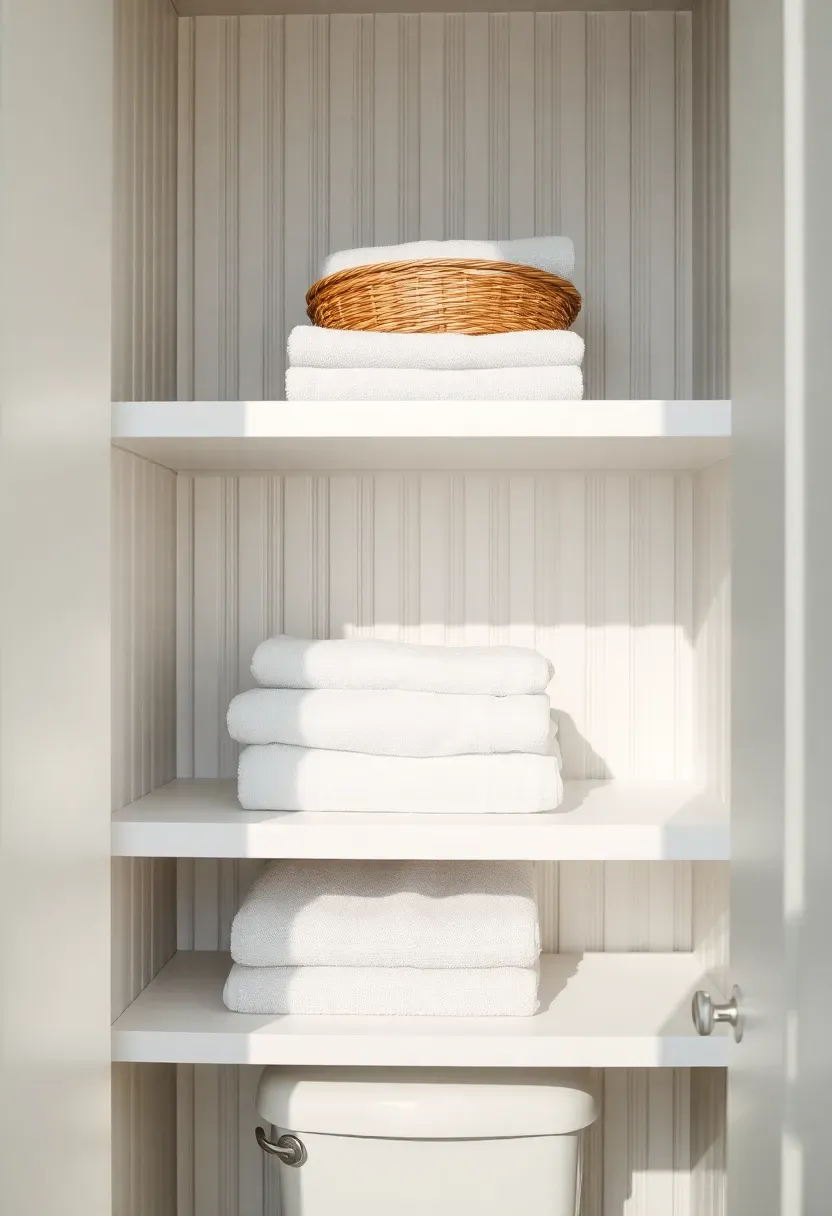Bathroom linen closet with white painted beadboard backing behind painted wood shelves holding stacks of crisp folded towels