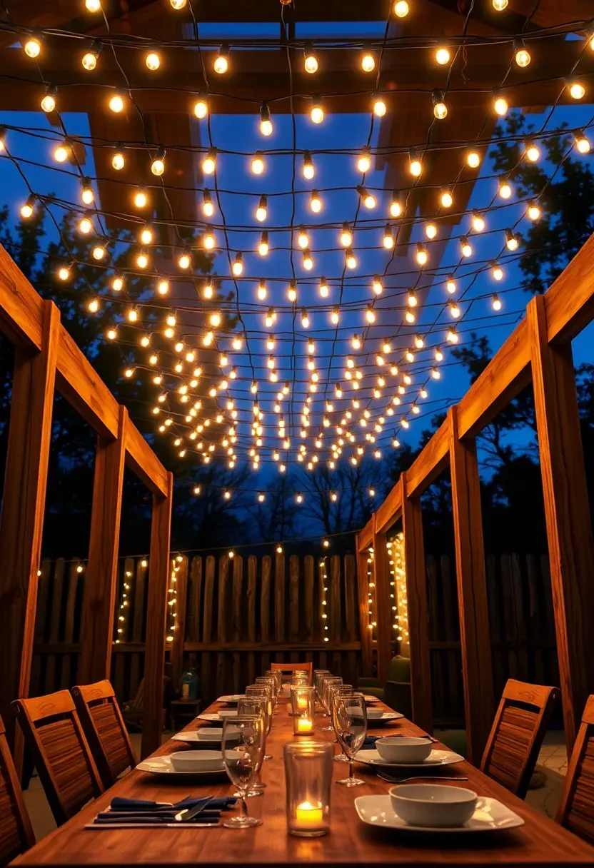 Backyard outdoor room ceiling covered in a dense grid of warm white string lights creating a starry canopy effect