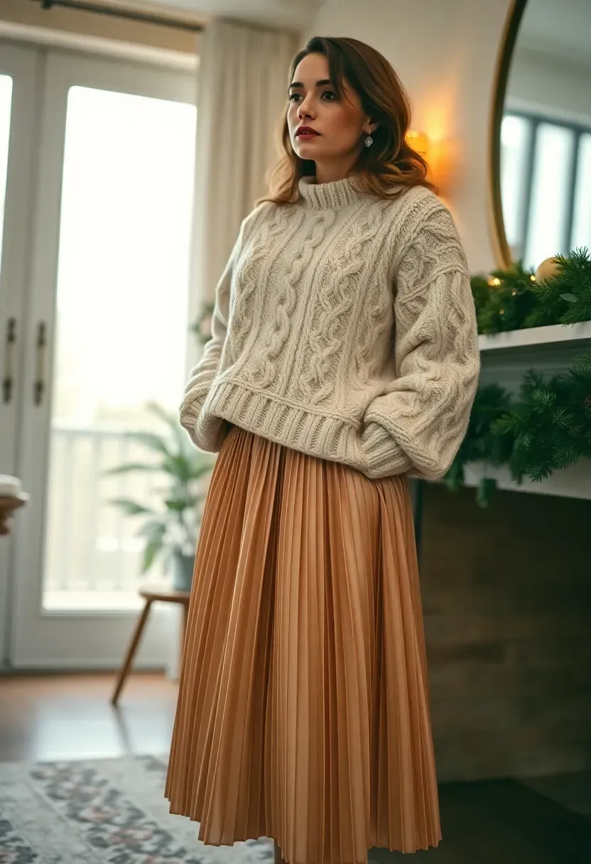 woman wearing a pleated satin skirt paired with a chunky cream knit sweater at a winter celebration