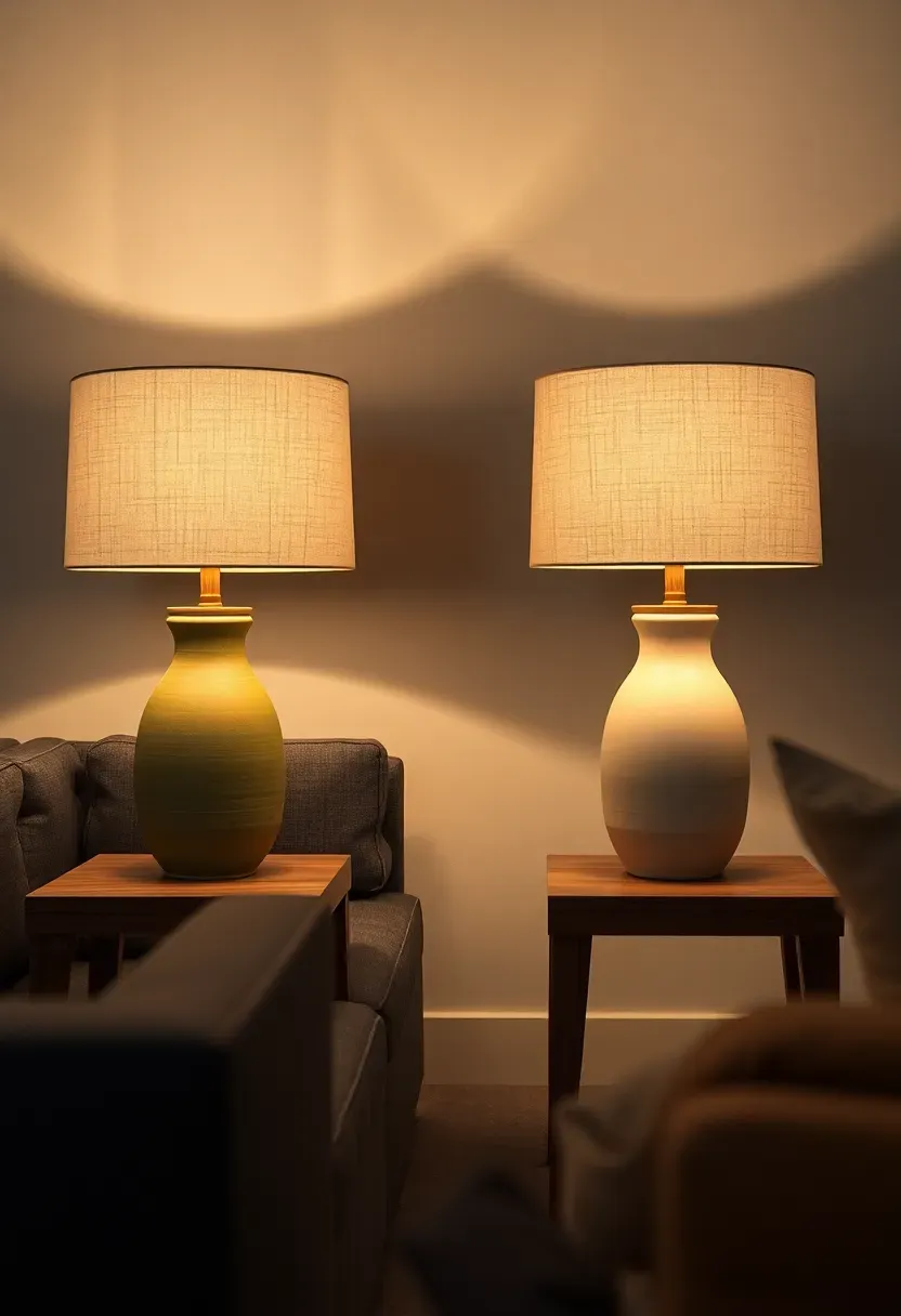 Pair of ceramic table lamps with linen shades on matching side tables flanking a basement sofa emitting soft warm light