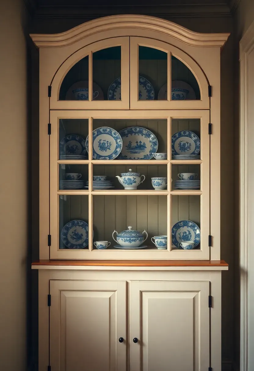 built-in colonial corner cupboard with arched top displaying blue and white china