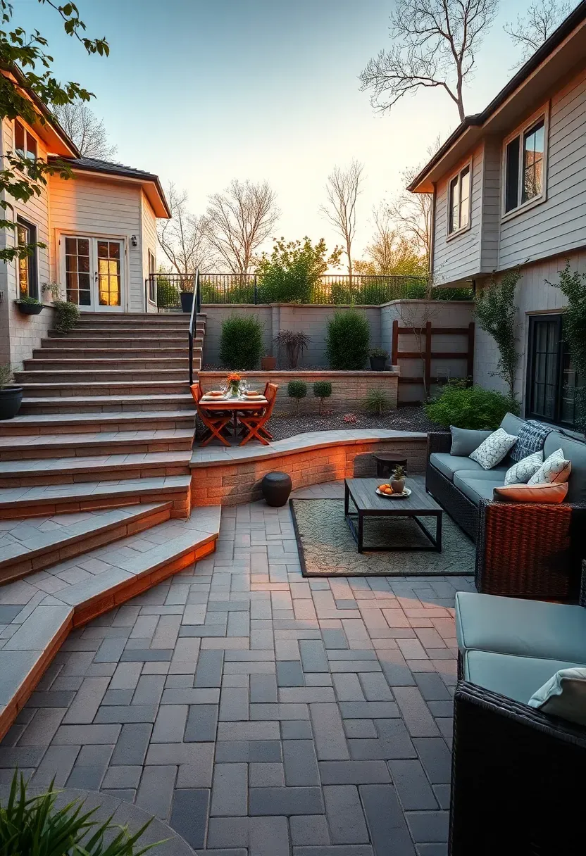 Multi-level paver terrace in a backyard with stone steps connecting upper dining and lower lounge areas