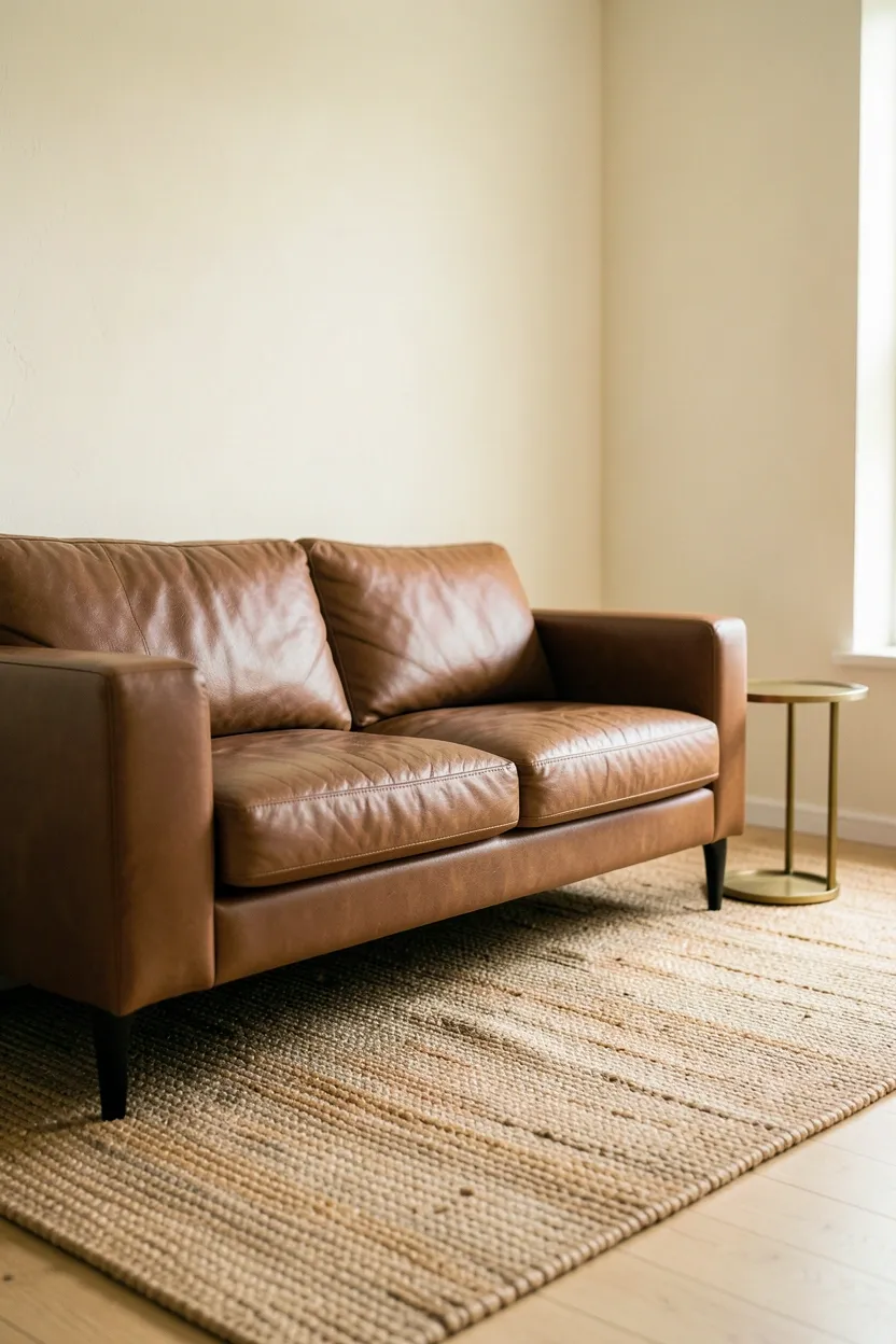Natural jute rug with golden-brown fiber texture under a brown sofa in a minimalist rental living room with light wood floors