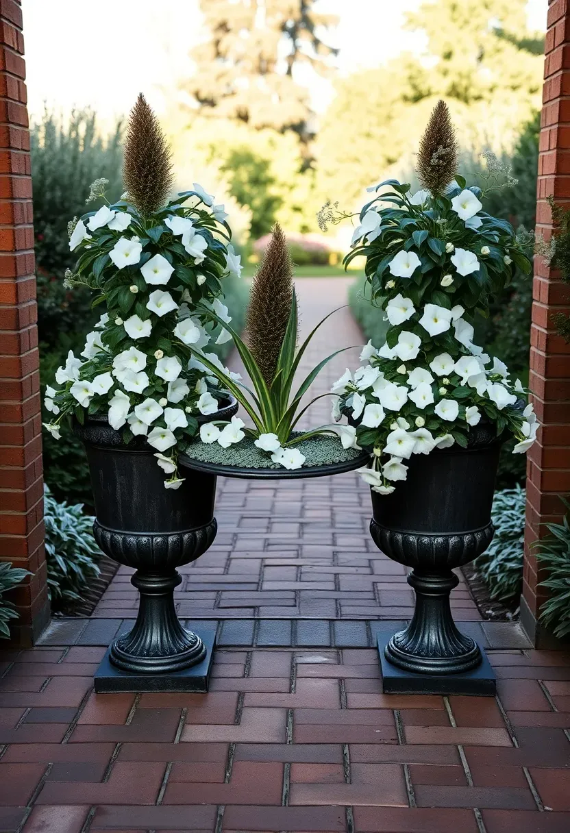 Pair of classical cast iron urn planters flanking a garden path entrance filled with trailing white petunias and silver dusty miller