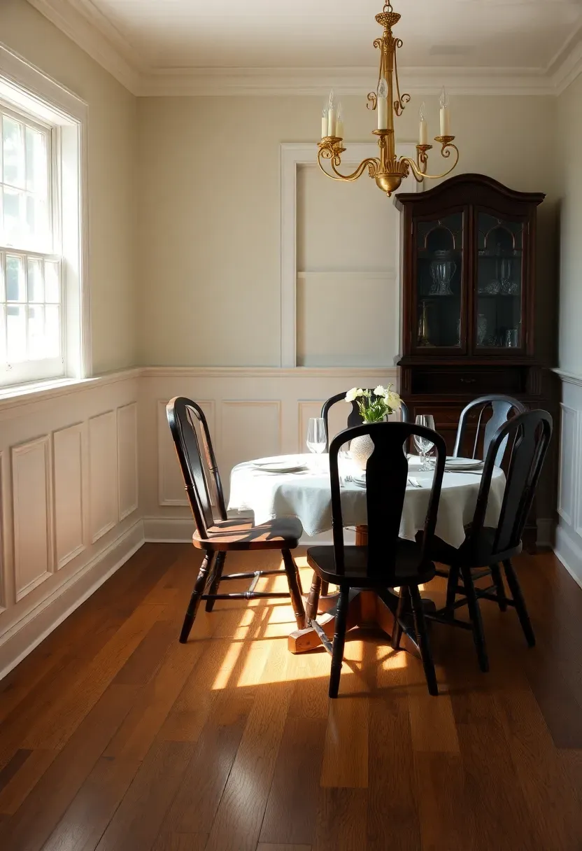 Hyper-realistic straight-on view of raised-panel wainscoting in a small colonial dining room. Materials: white-painted raised panel wainscoting with colonial rail style, cream walls above, wide-plank oak floors, small round table with ladder-back chairs, brass chandelier. Natural light from multi-pane window creating shadows that highlight panel depth and molding detail. Shallow depth of field showing wainscoting texture and table setting details. Visible room context—corner built-in cabinet, colonial wallpaper accent. Formal colonial mood like Newport dining room.</p>