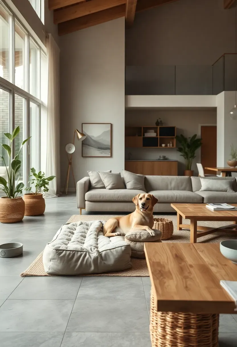 Spacious open-plan living and dining area with designated pet corner featuring plush dog bed, rattan toy basket and water bowl, linen sectional sofa and light oak coffee table beyond