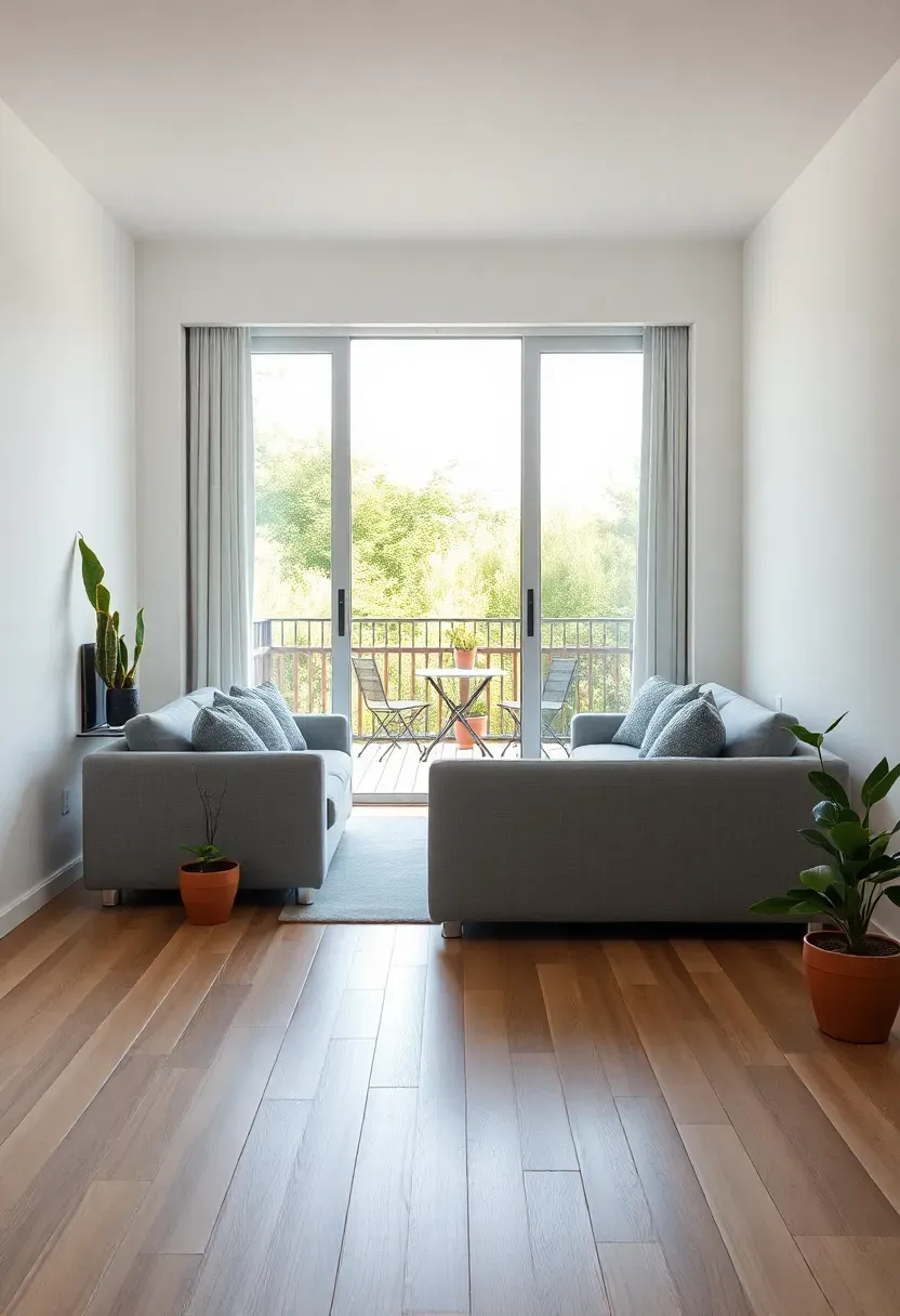 Hyper-realistic wide shot from living room through floor-to-ceiling sliding doors to outdoor deck. Light gray sofa facing doors. Light oak continuous flooring running from indoors to outdoor deck. Outdoor deck with small bistro table and chairs. Potted plants both indoors and on deck. White walls, bright natural light. Seamless transition between spaces. Greenery visible beyond deck. Materials: light oak, gray cotton, powder-coated aluminum outdoor furniture, terracotta pots. Brilliant daylight, expansive connected mood. Sharp details through glass, visible indoor and outdoor context, no text, no logos.</p>