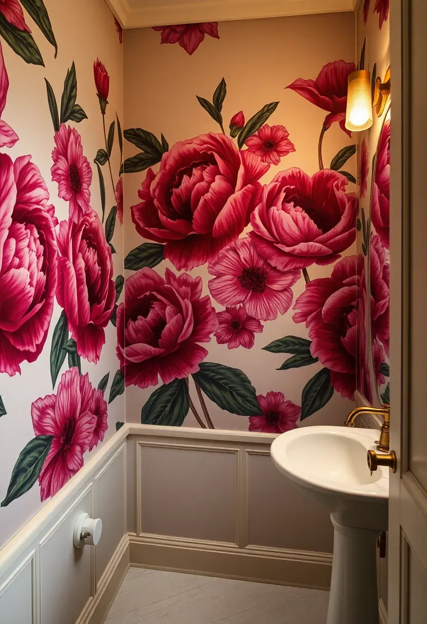 Oversized jewel-tone floral wallpaper with large peony motifs in a small powder room with crisp white fixtures and chrome faucet