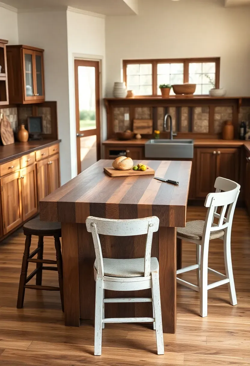 Hyper-realistic 3/4 view of a butcher block island in a rustic kitchen. Thick butcher block in walnut with visible end grain, food stains, knife marks from regular use. Island sits in center of room with three mismatched vintage-style stools—two in reclaimed wood, one in white painted wood. Reclaimed wood cabinets along walls, creamy white walls. Natural light streaming from windows, warm ambient feel. On island: loaf of bread, cutting board with knife, small bowl of fruit showing signs of recent meal. Materials: walnut butcher block, reclaimed wood, painted wood. Cozy lived-in rustic mood. Visible wear patterns on table surface, slight dust accumulation in chair crevices. No text, no logos, no watermarks. Negative prompt: 