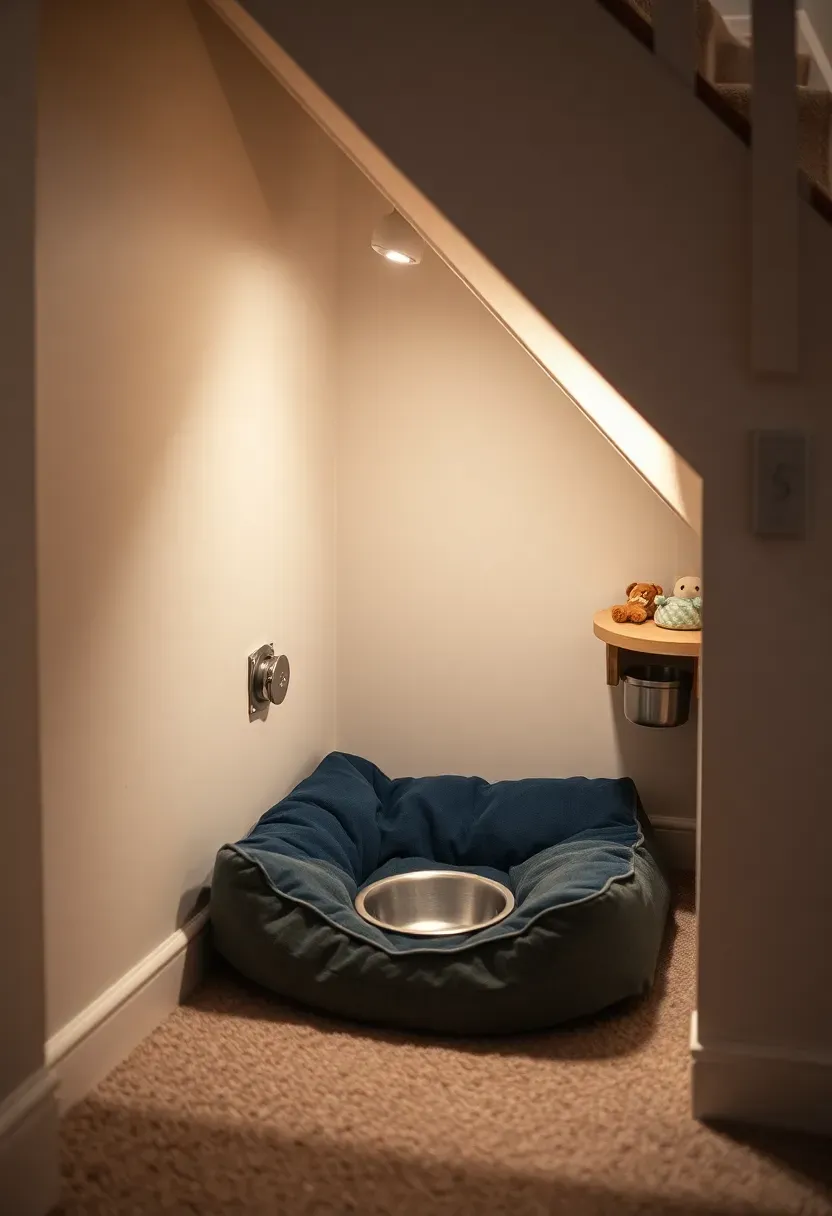 Cozy dog nook built into the space beneath basement stairs with a cushioned bed, a mounted water bowl, and a small shelf for toys