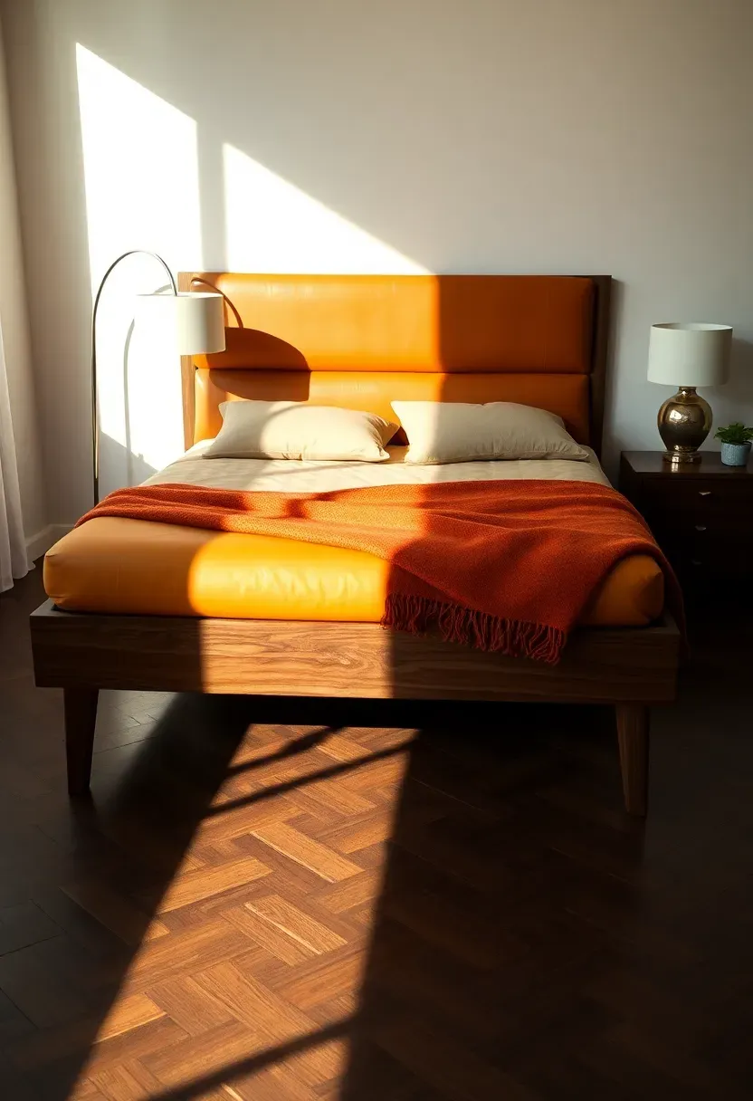 mid-century modern masculine bedroom with walnut platform bed and leather headboard