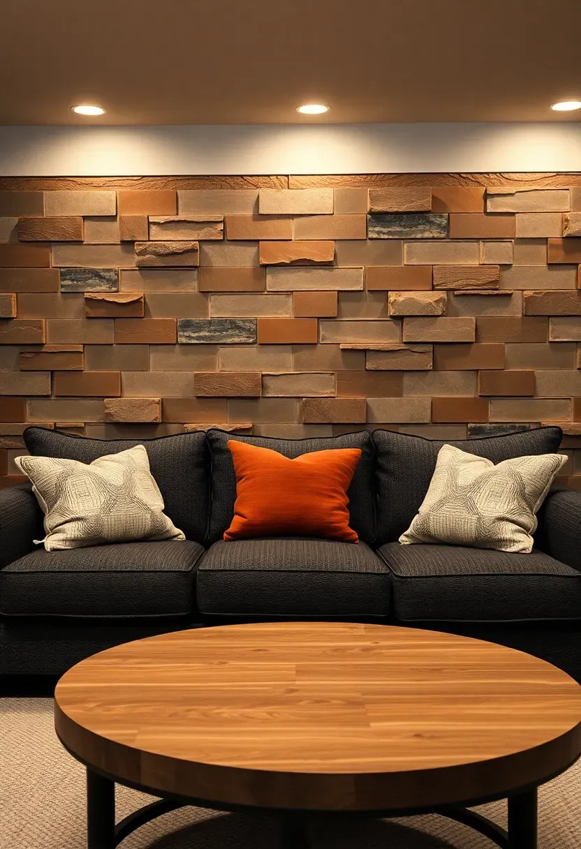 Peel-and-stick faux stone tile accent wall in earth tones behind a basement sectional sofa with throw pillows