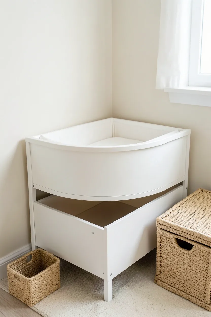 Smart nursery corner with dimmable LED strip lighting under floating shelves creating warm ambient glow for nighttime feedings