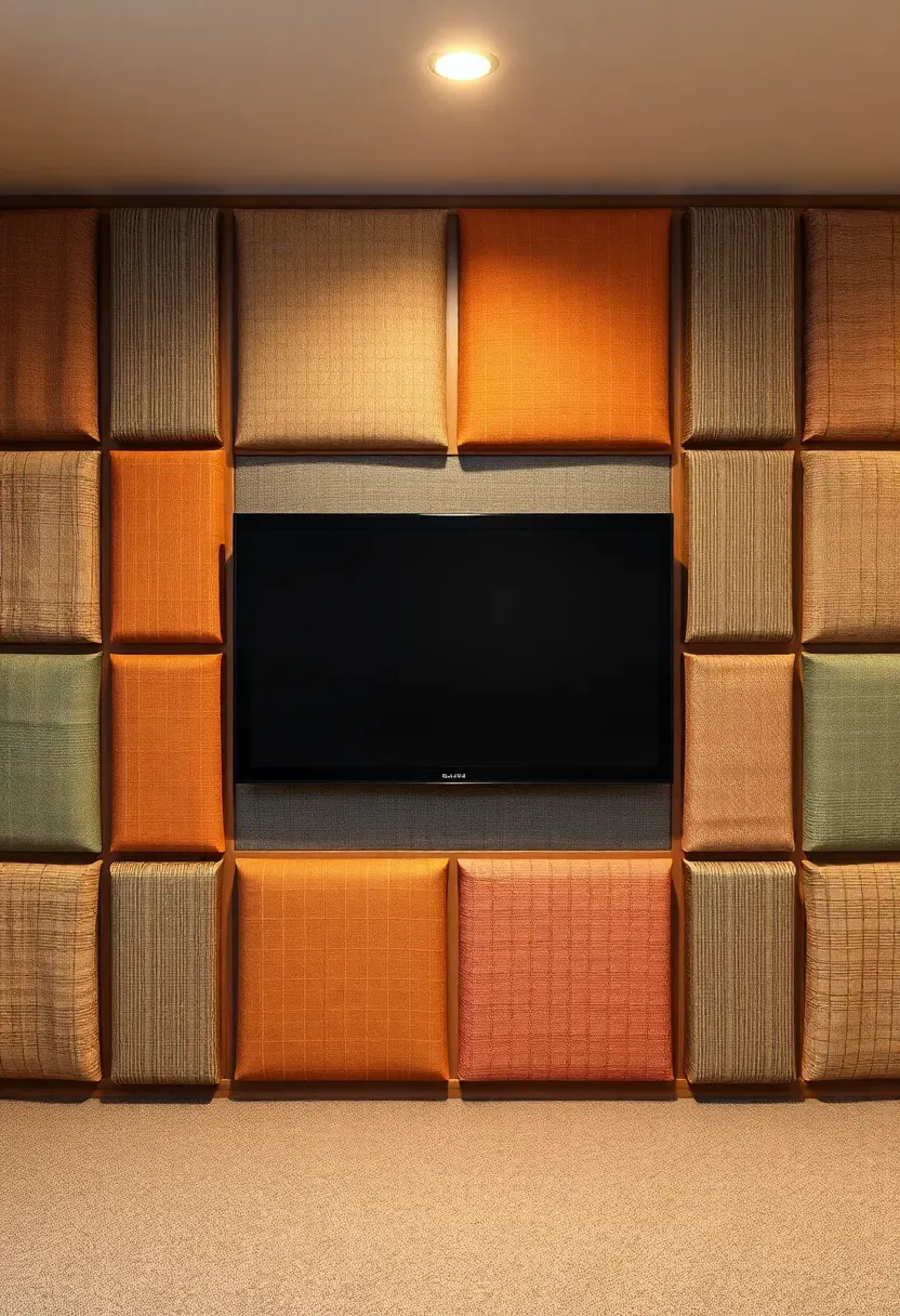 Fabric-wrapped acoustic panels in muted earth tones covering a basement wall around a flat-screen TV for sound absorption