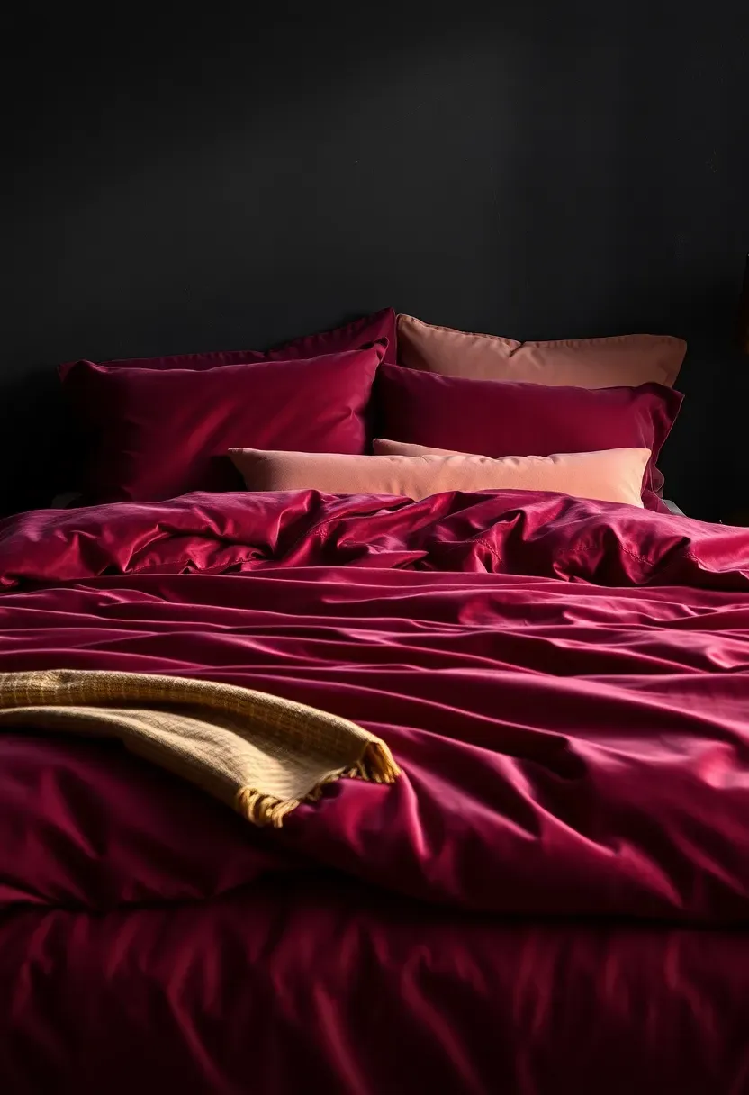 luxurious bedroom with layered velvet bedding in deep plum and dusty rose with gold accents