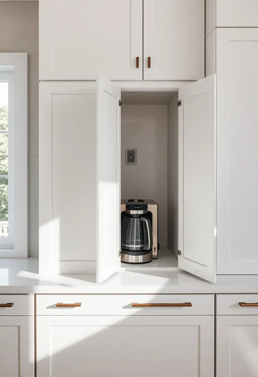 Hyper-realistic detail view of modern kitchen appliance garage with bi-fold doors open showing coffee maker and toaster inside. Materials: white shaker cabinet doors, white quartz countertop, stainless steel appliances, electrical outlet visible inside. Natural daylight from window, creating soft shadows. Clean composition showing appliance garage as dedicated space within cabinetry run. No text, no logos, kitchen design magazine style.</p>