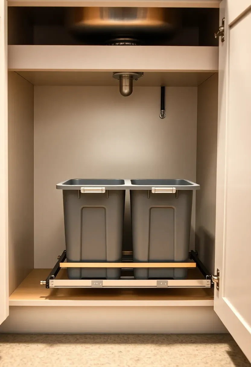 basement wet bar cabinet interior showing pull-out dual bin trash and recycling system beside the sink base