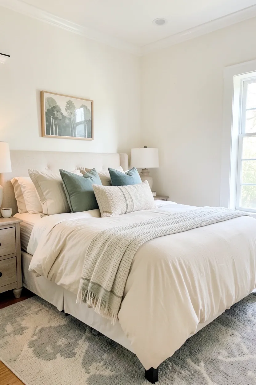 Vintage farmhouse bedroom with soft color palette of warm white walls, cream bedding, sage green accents, and natural wood tones