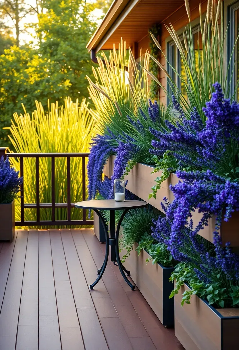 Contemporary deck with integrated raised planter boxes along the perimeter filled with ornamental grasses, lavender, and trailing vines cascading over edges
