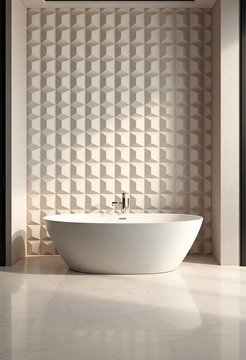 Textured 3D tile feature wall behind a freestanding tub in a modern luxury bathroom with dramatic shadow and light interplay