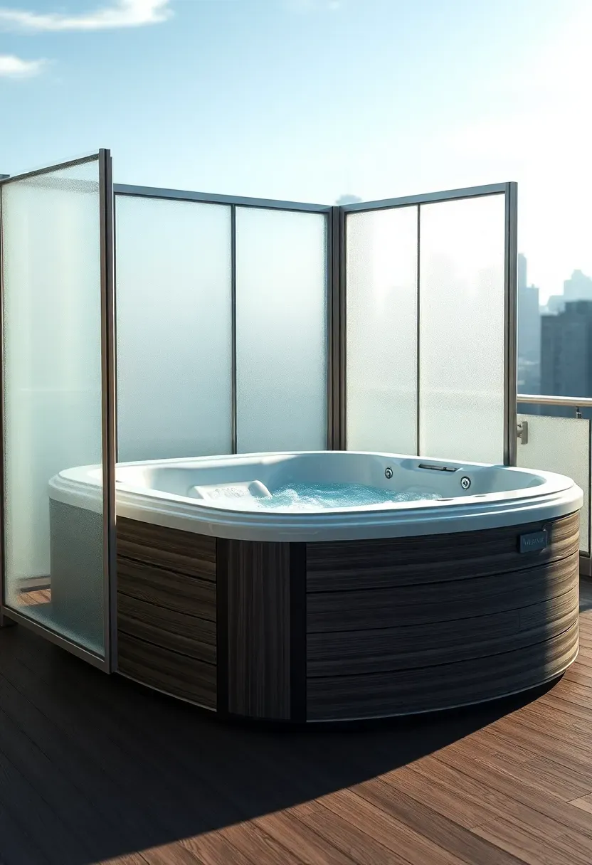 Frosted tempered glass panels in aluminum frames creating a sleek privacy wall around a hot tub on a modern rooftop deck with city views in the background