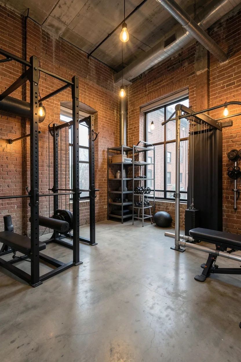 Industrial style home gym with exposed red brick wall, black metal shelving for weights, and Edison bulb pendant lighting