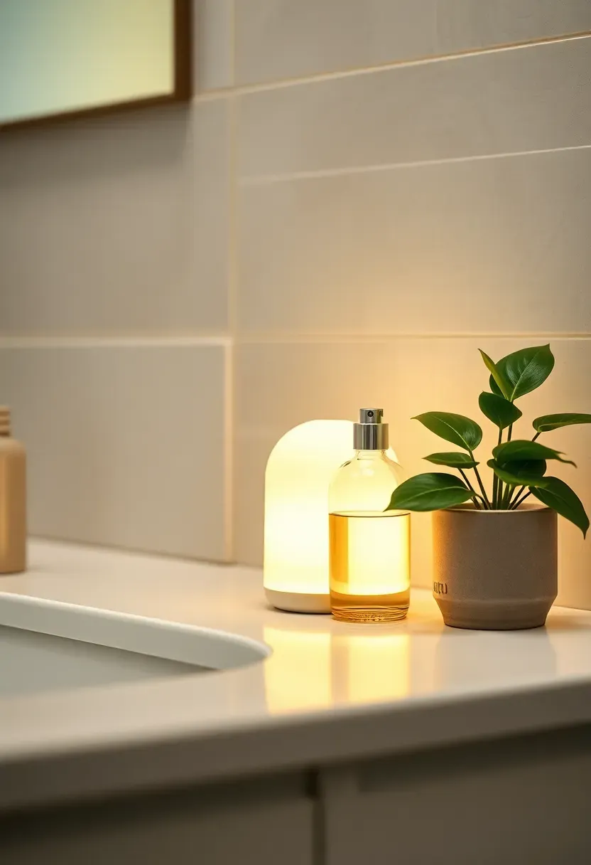 Minimal floating wood shelves with neatly rolled white towels and small ceramic accessories in a simple modern bathroom