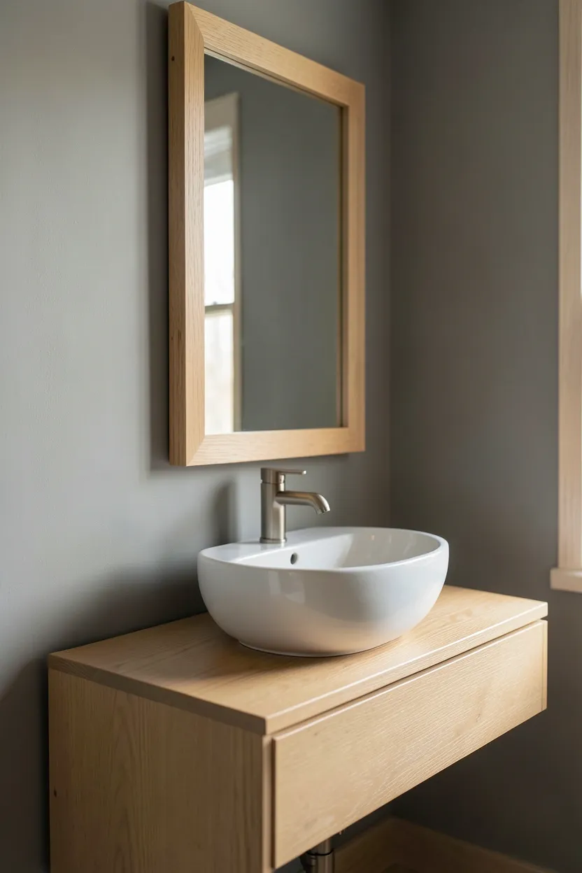 Soft dove grey bathroom walls paired with natural oak wood floating shelves and warm lighting