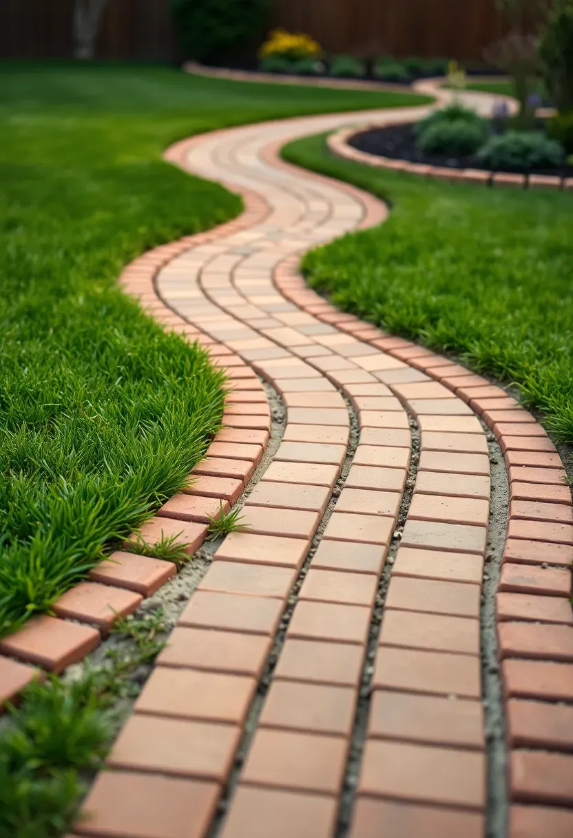 Curved paver walkway with a neat soldier course edge winding through a green backyard lawn