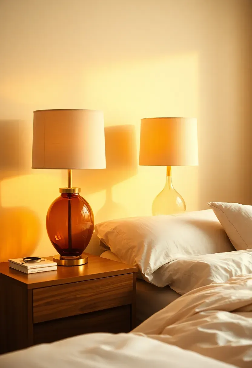 Paired amber bedside lamps