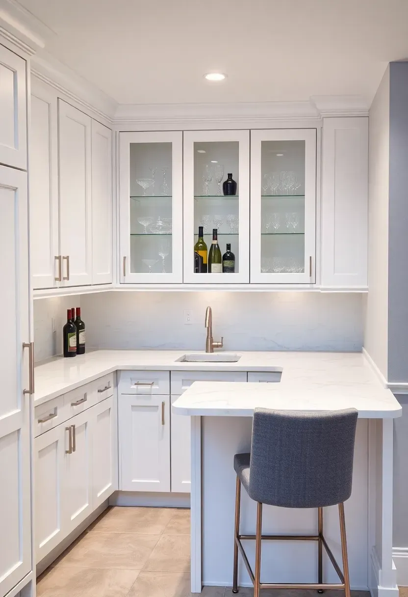 L-shaped basement wet bar with white shaker cabinets quartz countertop and glass-front upper cabinets stocked with bottles