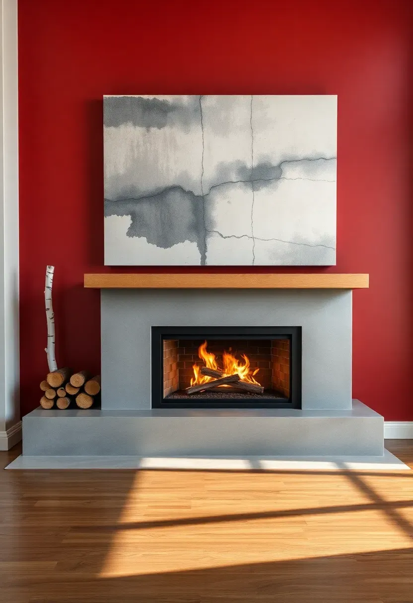 accent wall in deep redwood paint behind a modern fireplace with concrete surround and stacked firewood