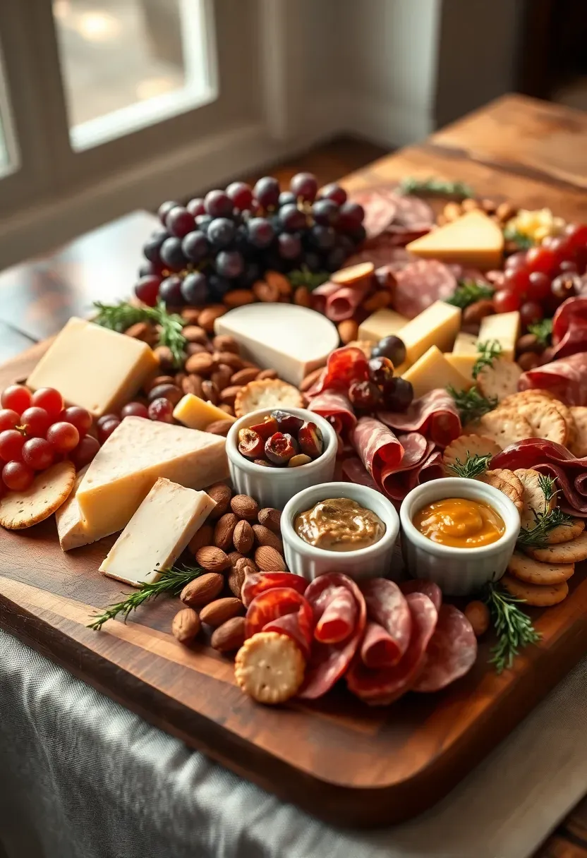 large savory grazing board for a baby shower with assorted cheeses, cured meats, crackers, olives, dried fruits, honey jars, and fresh rosemary on a wooden board