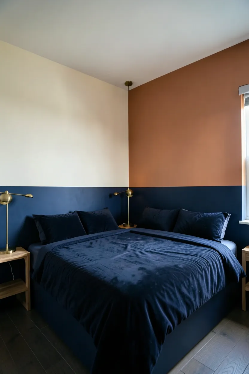 Hyper-realistic eye-level photograph of a maximalist bedroom with color-blocked walls featuring horizontal bands: deep navy from floor to 4 feet height, cream from 4 feet to 8 feet, and terracotta from 8 feet to ceiling. The color blocks frame the bed area while the rest of the room walls remain cream. Materials: painted walls in navy, cream, and terracotta, velvet navy duvet, brass light fixtures. Natural light from window showing color relationships and clean paint lines. Coherent mood: modern and geometric maximalist bedroom with intentional color blocking. Shallow depth of field, sharp details on color transitions, balanced composition showing bed and room context. No text, no logos, no watermarks.</p>
