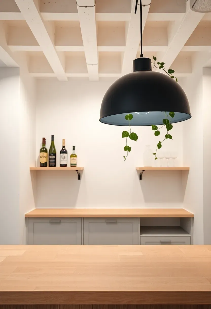 Scandinavian-style basement bar with light ash wood countertop, white walls, minimal open shelving, and a single pendant light in matte black