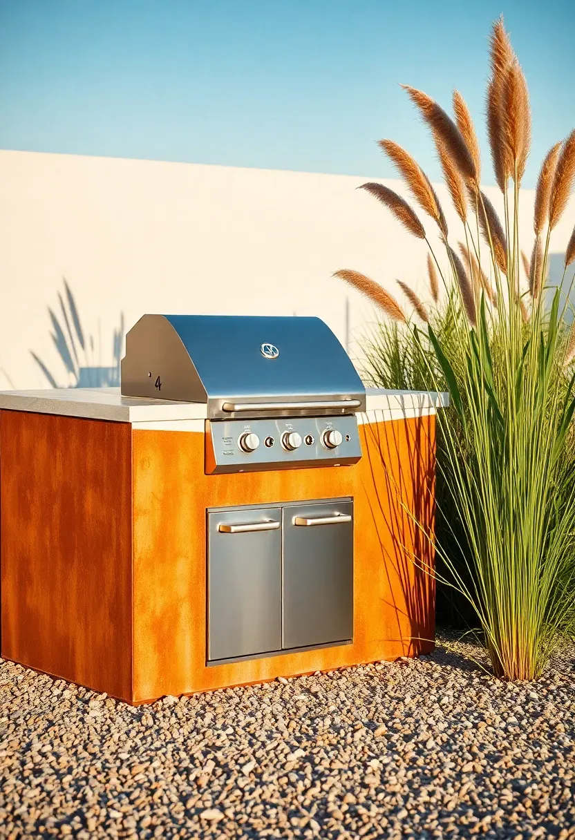 Corten steel panels forming the sides of a modern grill surround with a concrete countertop, built-in gas grill, and ornamental grasses planted nearby