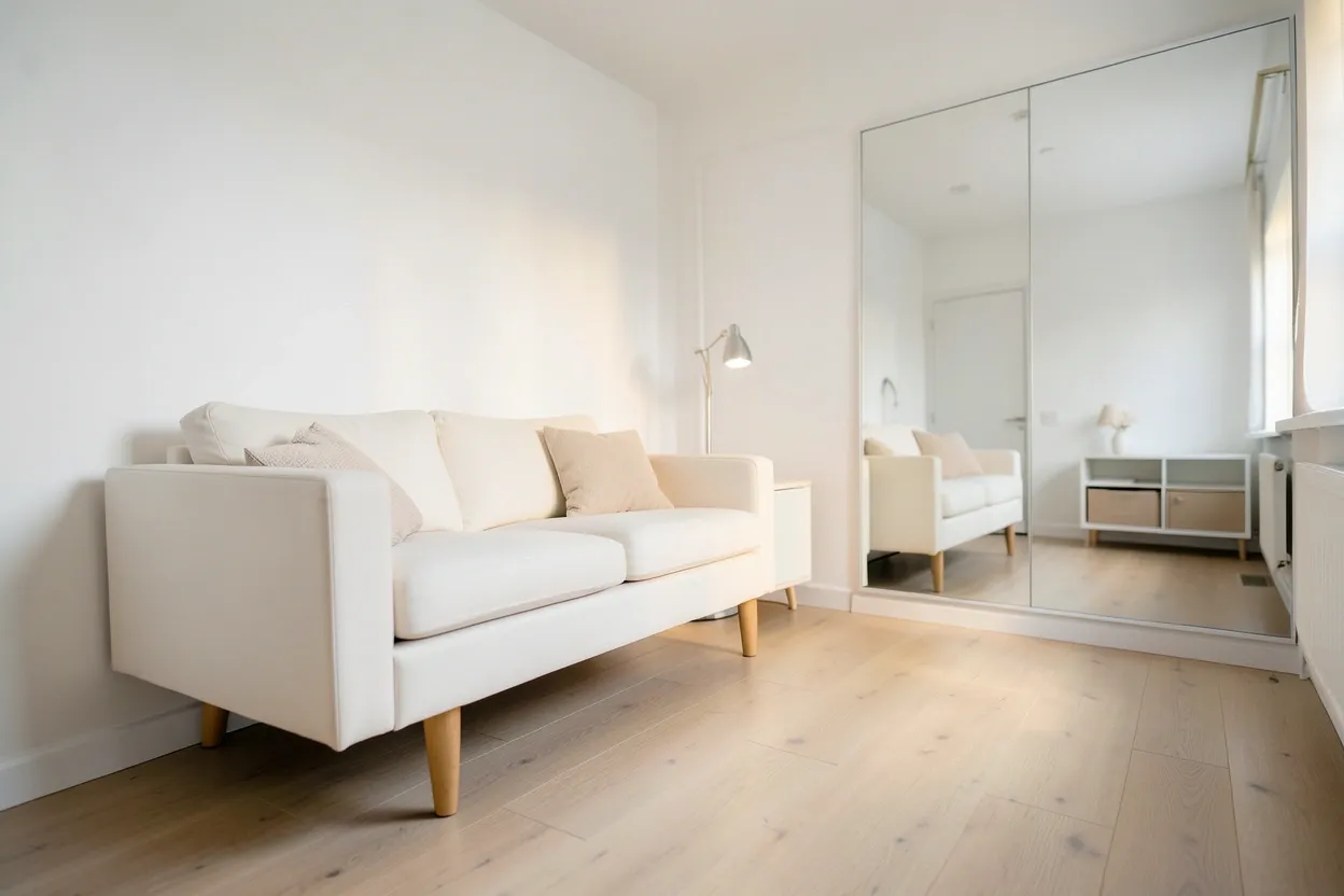Bright Scandinavian apartment living room with white walls, light oak floor, and minimal linen sofa