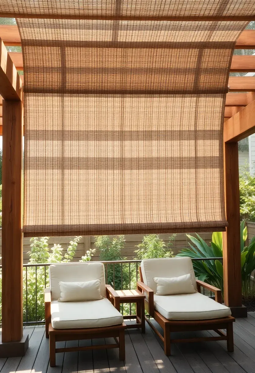 bamboo roll-up shade canopy over a wooden deck seating area