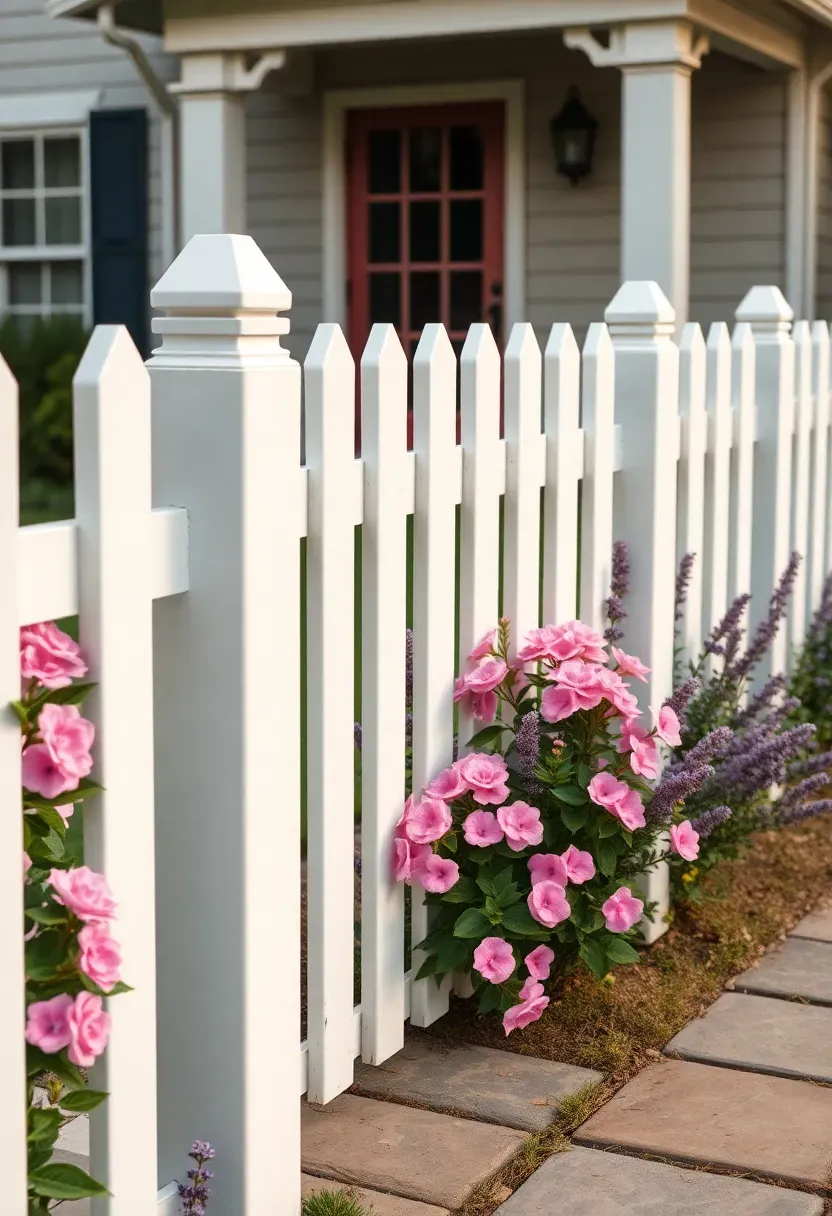 White vinyl picket fence in front of a cottage-style home with flowering shrubs and a stone walkway