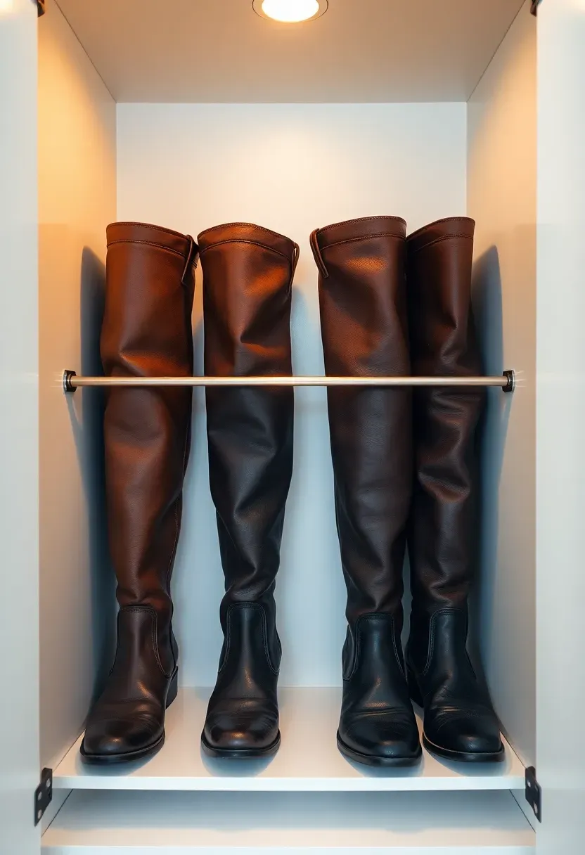 Tall boots standing upright between tension rod dividers inside a closet shelf compartment, preventing them from flopping over
