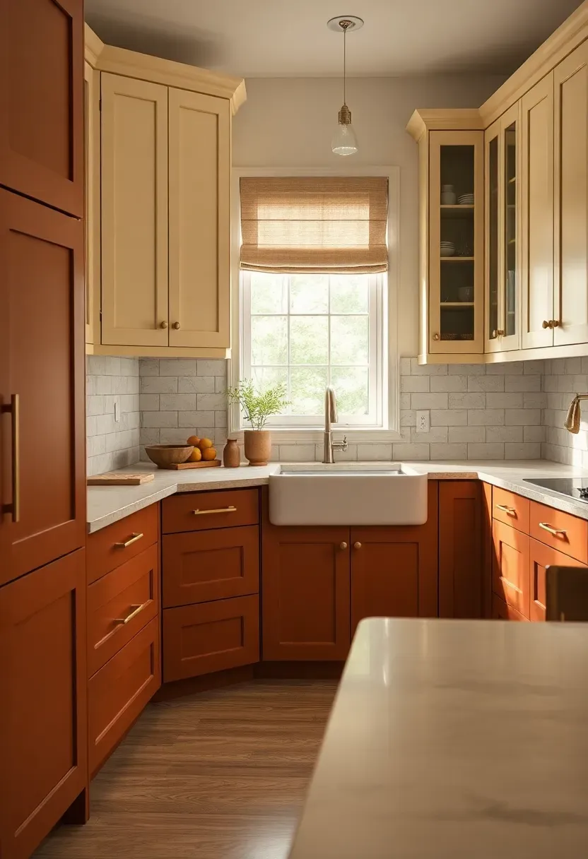 clay and cream two-tone kitchen cabinets with warm natural aesthetic