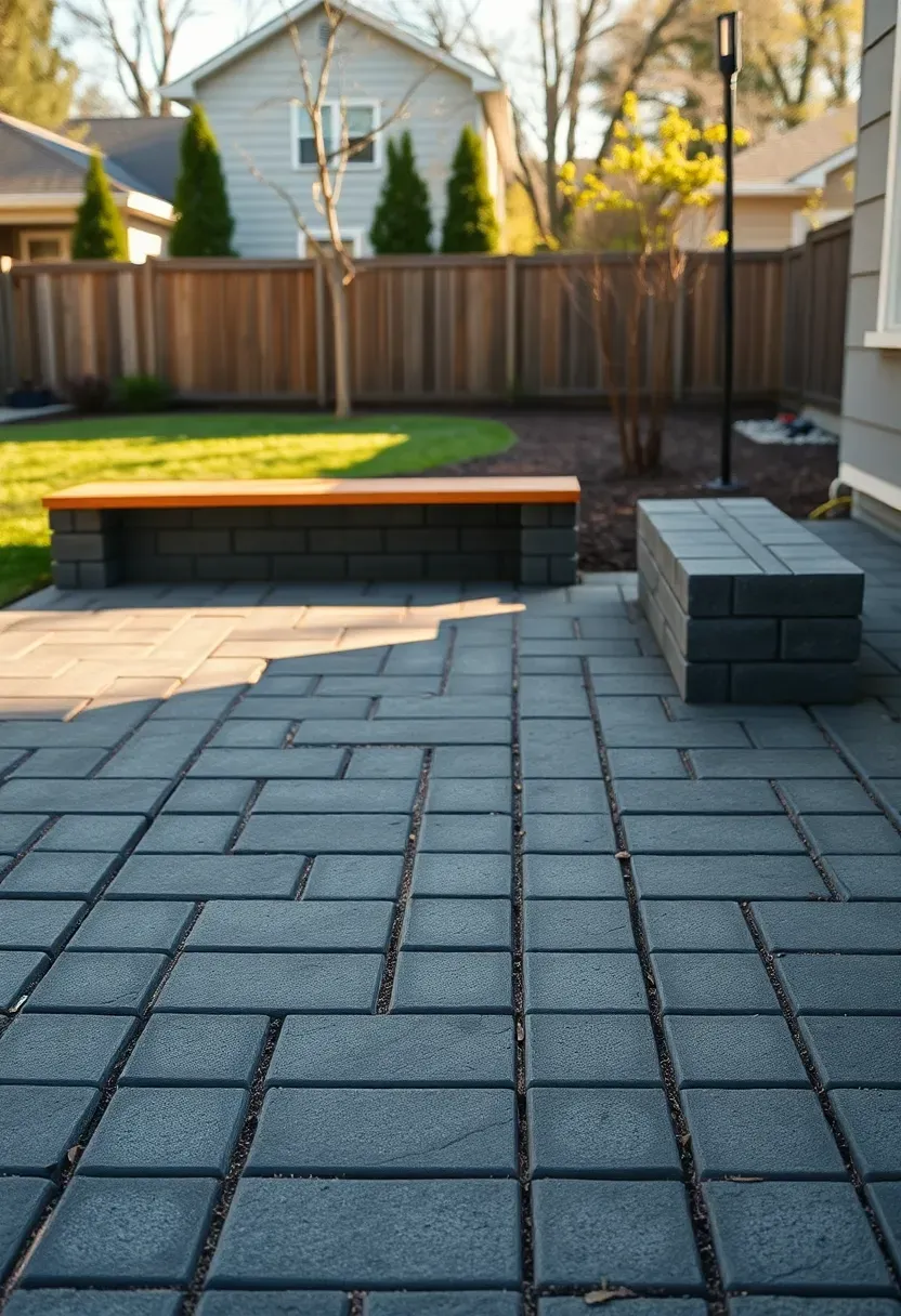 A concrete paver terrace in a running bond pattern with charcoal grey pavers and a built-in low wall bench along one edge overlooking a lawn