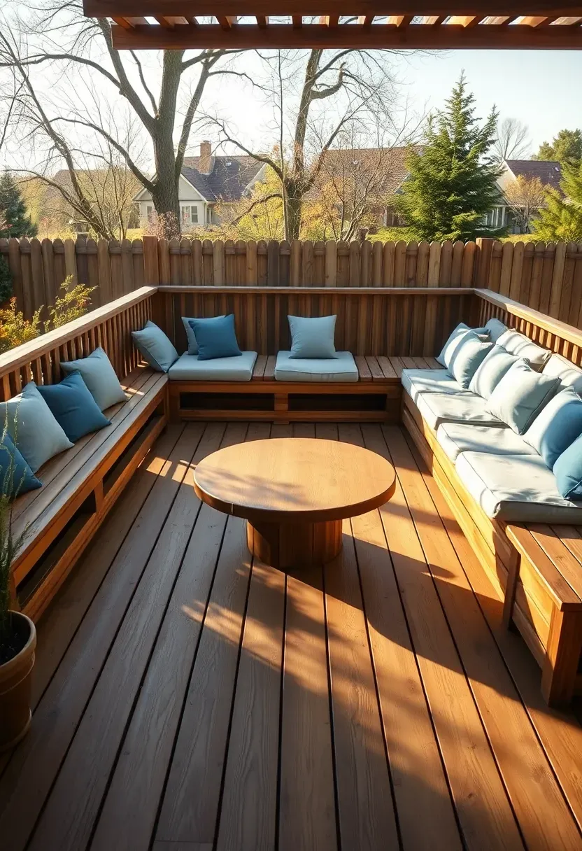Backyard deck with built-in wooden bench seating along the perimeter, cushions in neutral tones, and a central coffee table