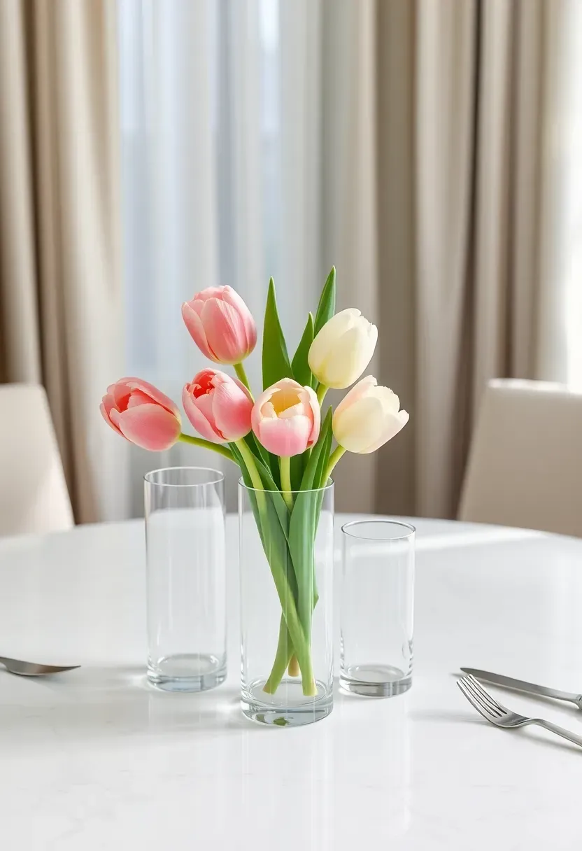 three clear glass cylinders with tulips in pink white and coral spring table